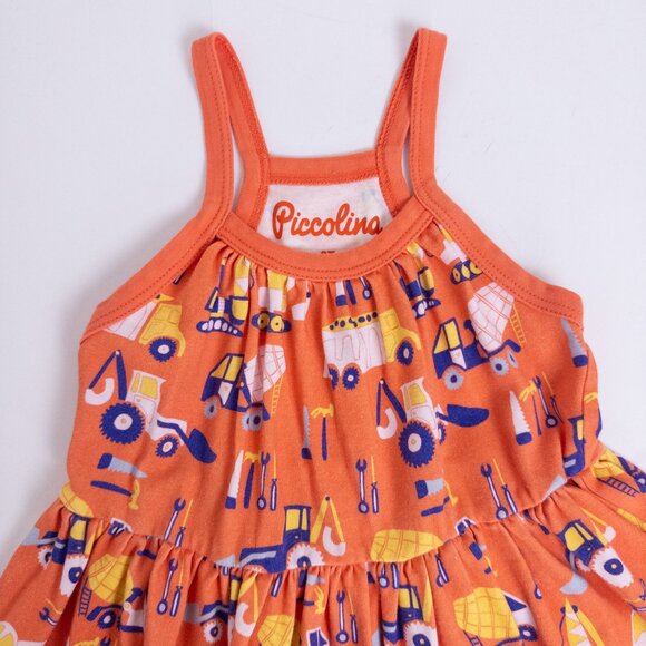 Piccolina Construction Truck Print Sleeveless Summer Tank Dress Orange Girls 2T - Picture 2 of 8